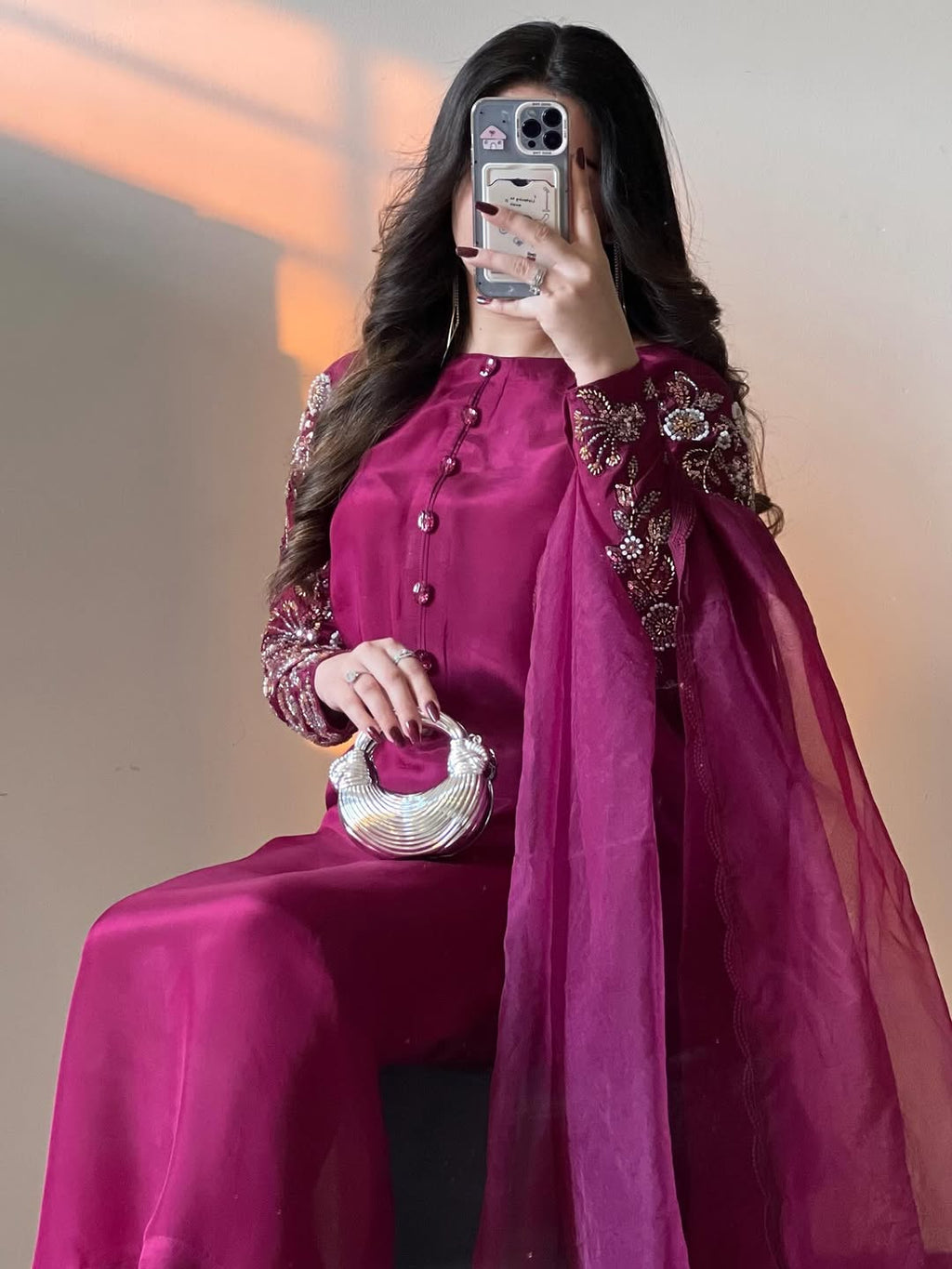 Wine Embroidered A-Line Pakistani Suit Set