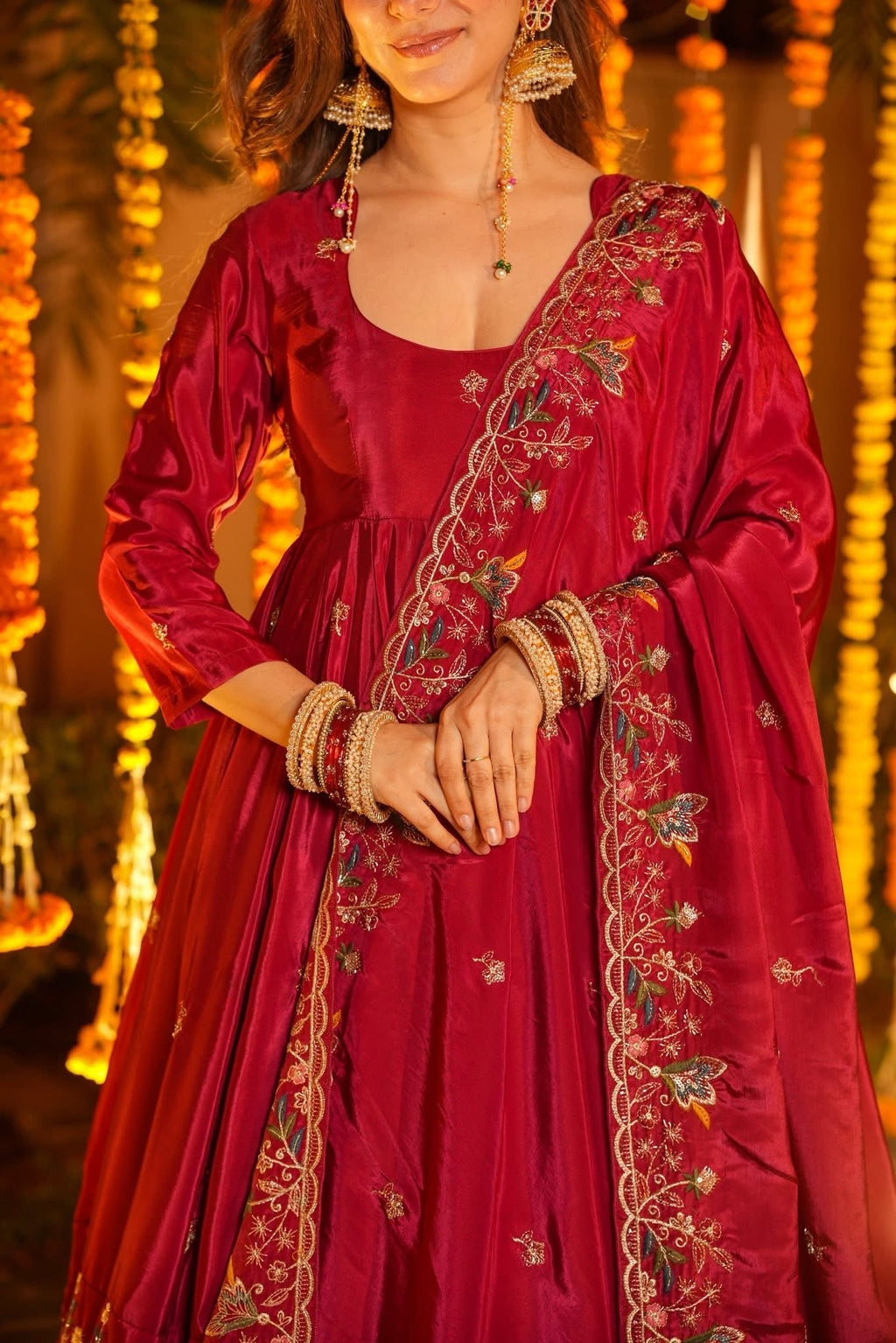 Traditional Chanderi Silk Embroidered Anarkali Suit Set