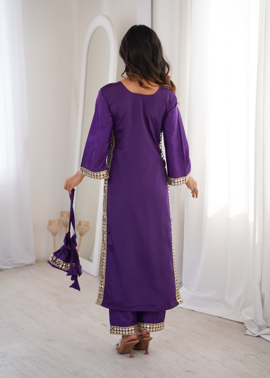 Beautiful Mirror Work Kurta Pant Set With Potli