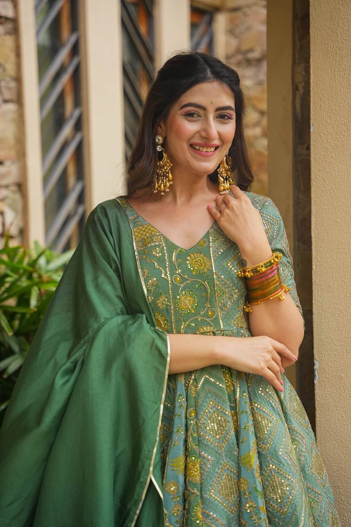 Green Heavy Embroidered Anarkali Suit Set
