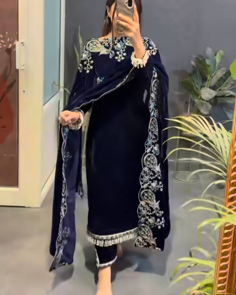 Midnight Blue Velvet Suit Set with Heavy Embroidered Dupatta