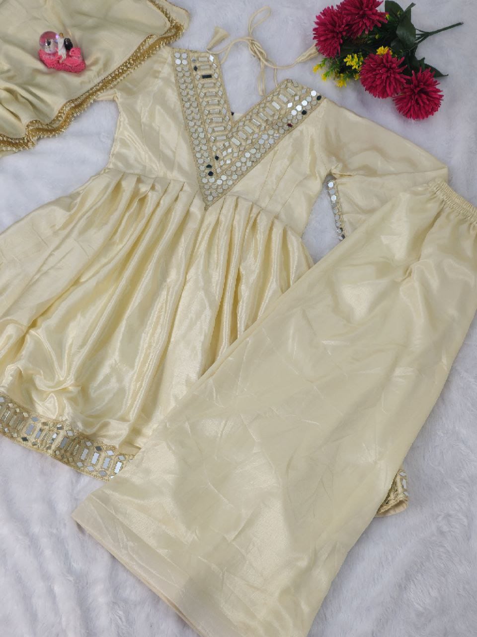 Elegant Cream Sharara Suit with Mirror Detailing