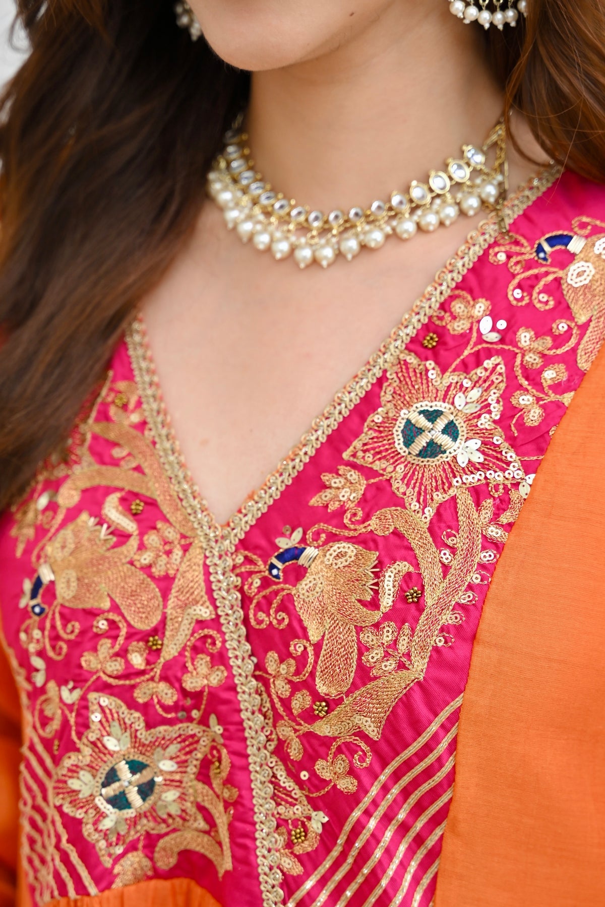 Kesariya A Line Mul Chanderi Handwork Suit