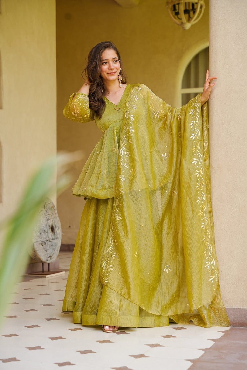 Wedding Wear Green Top- Sharara Set
