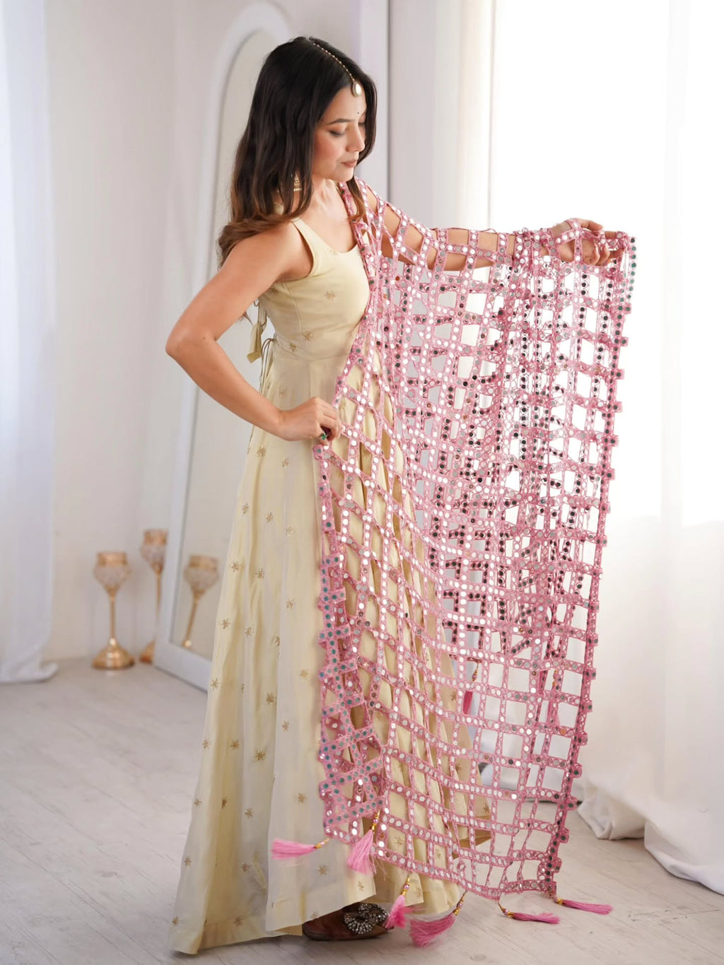 Beautiful Cosmos Silk Anarkali Suit With Trendy Mirror Work Duptta