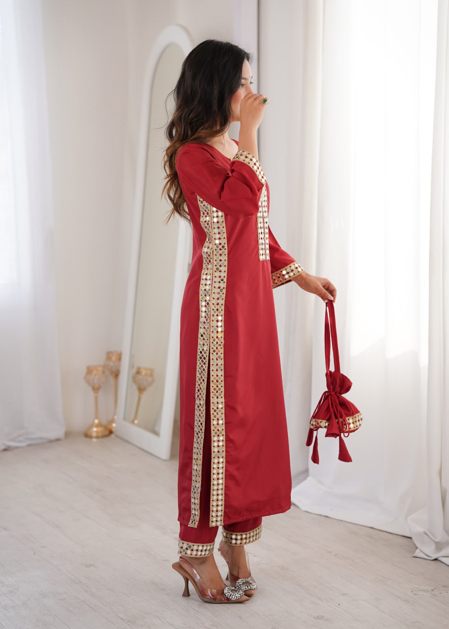 Beautiful Mirror Work Kurta Pant Set With Potli
