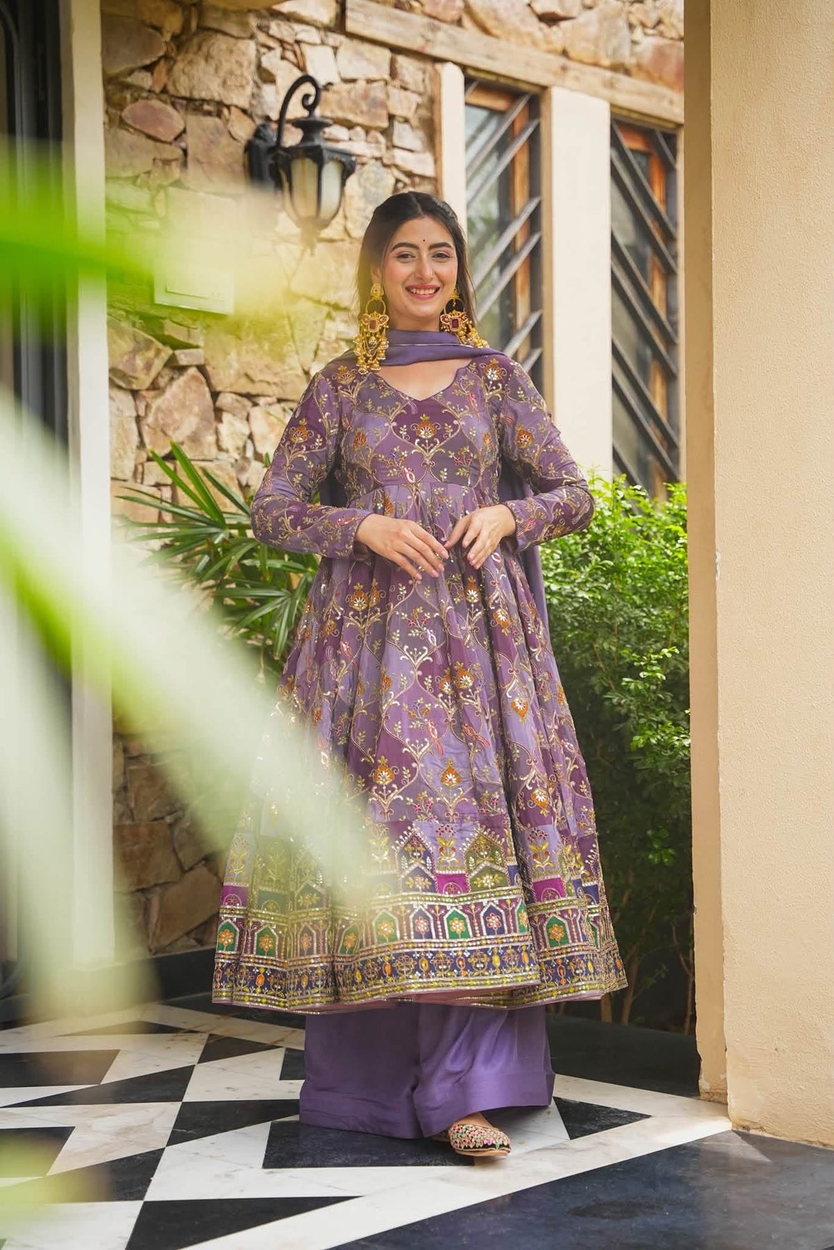 Purple Heavy Embroidered Anarkali Suit Set