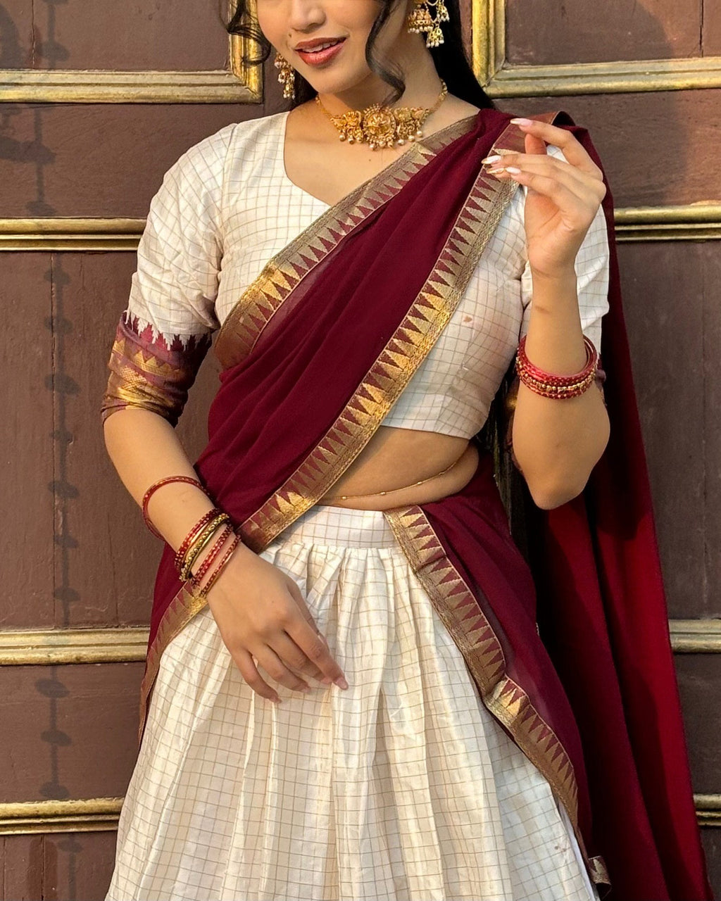 White And Maroon Color Poly Cotton Chex Onam Half Saree