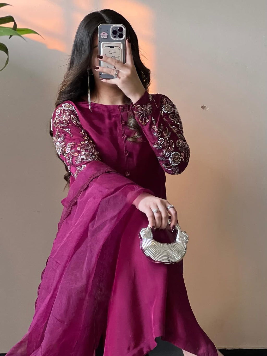 Wine Embroidered A-Line Pakistani Suit Set