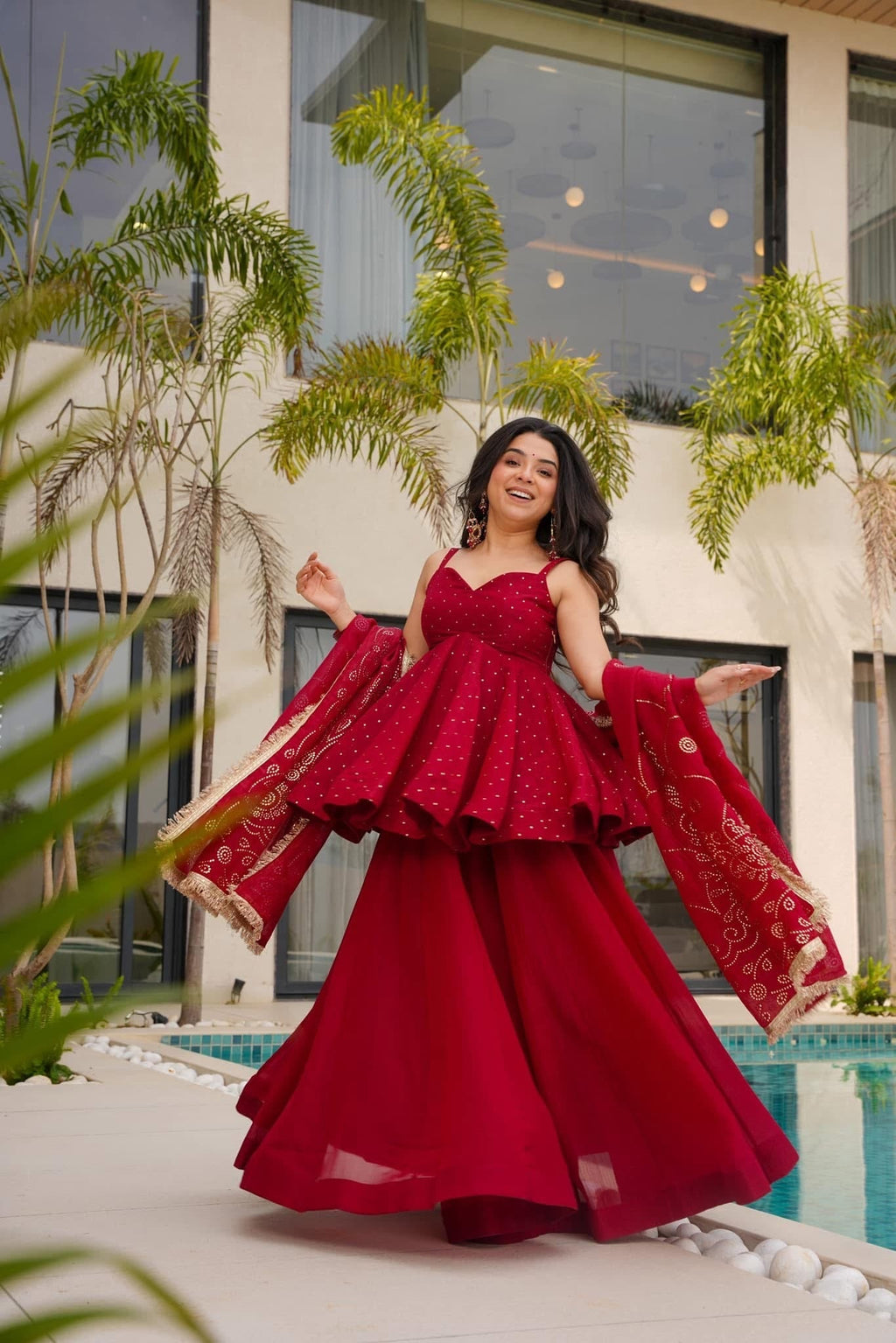 Cherry Red Top-Sharara Set