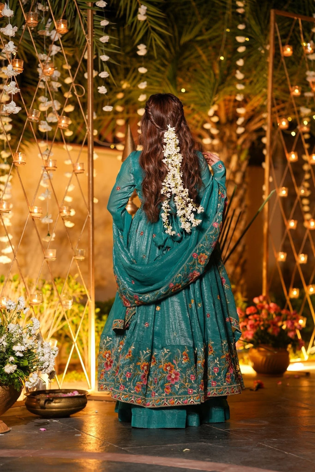 Beautiful Floral Embroidered Teal Green Anarkali Sharara Set