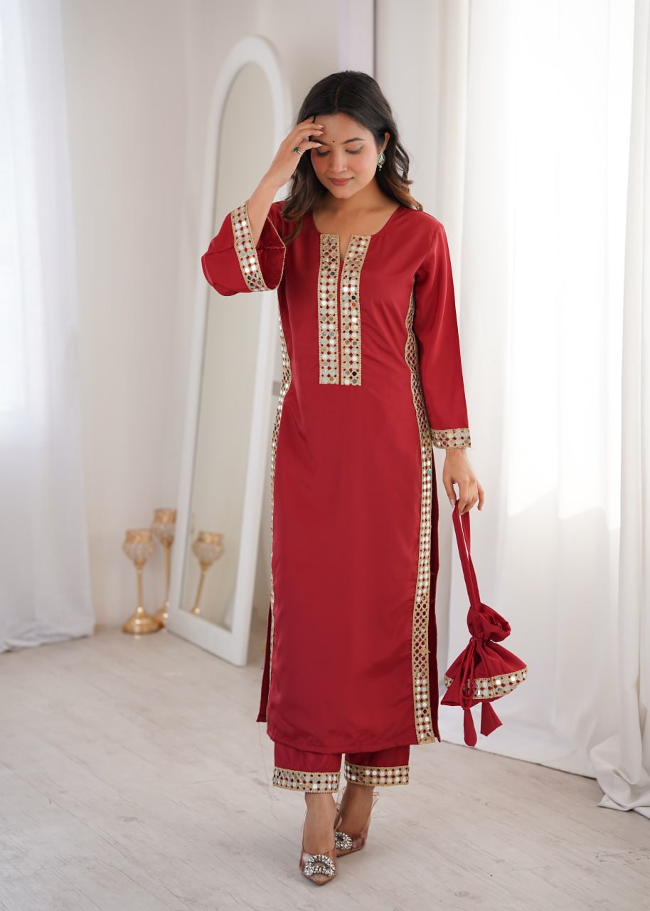 Beautiful Mirror Work Kurta Pant Set With Potli