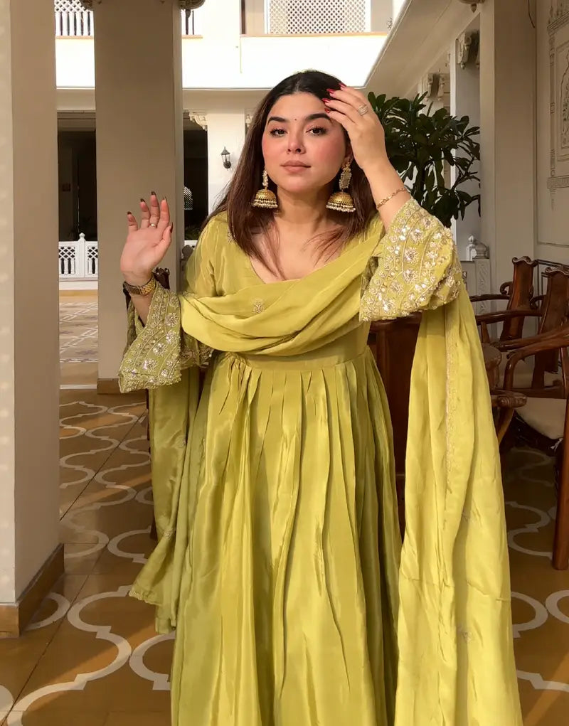Beautiful Lemon Green Embroidered Anarkali Suit