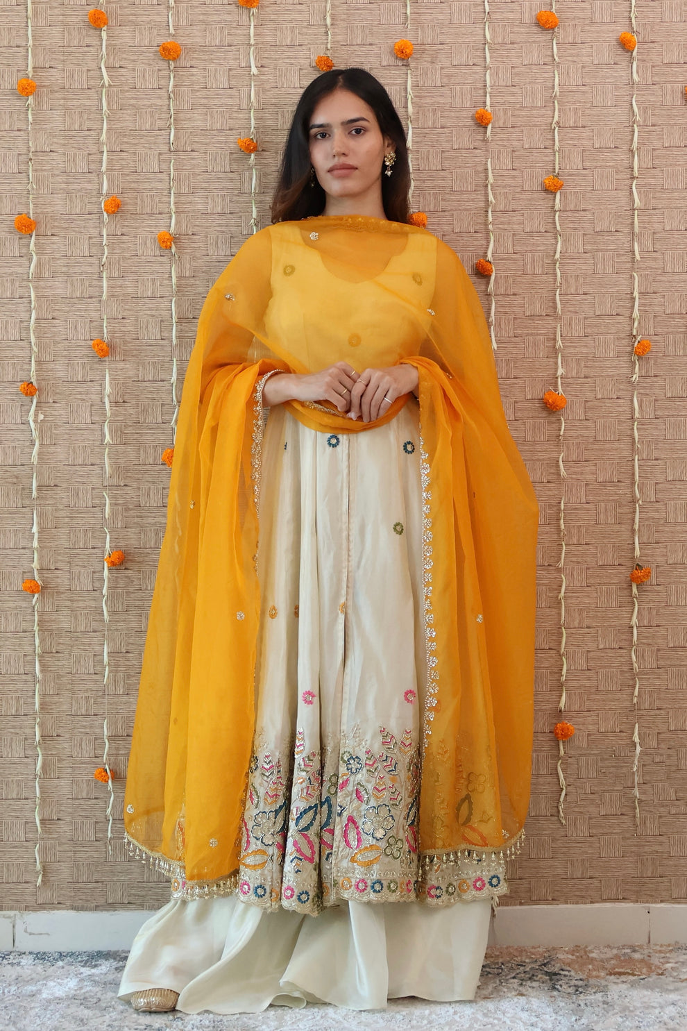 Ivory and Mustard Embroidered Anarkali Set
