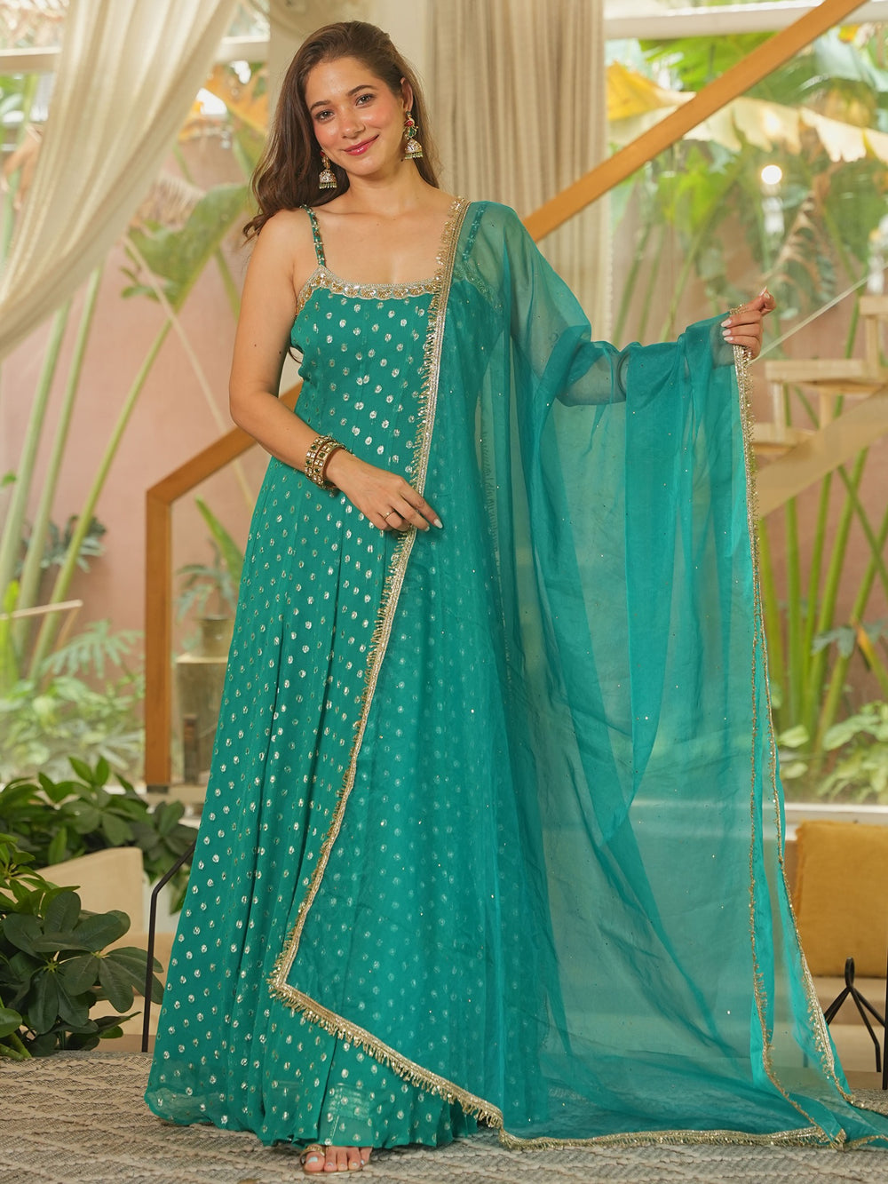 Teal Green Embroidered Anarkali Suit Set