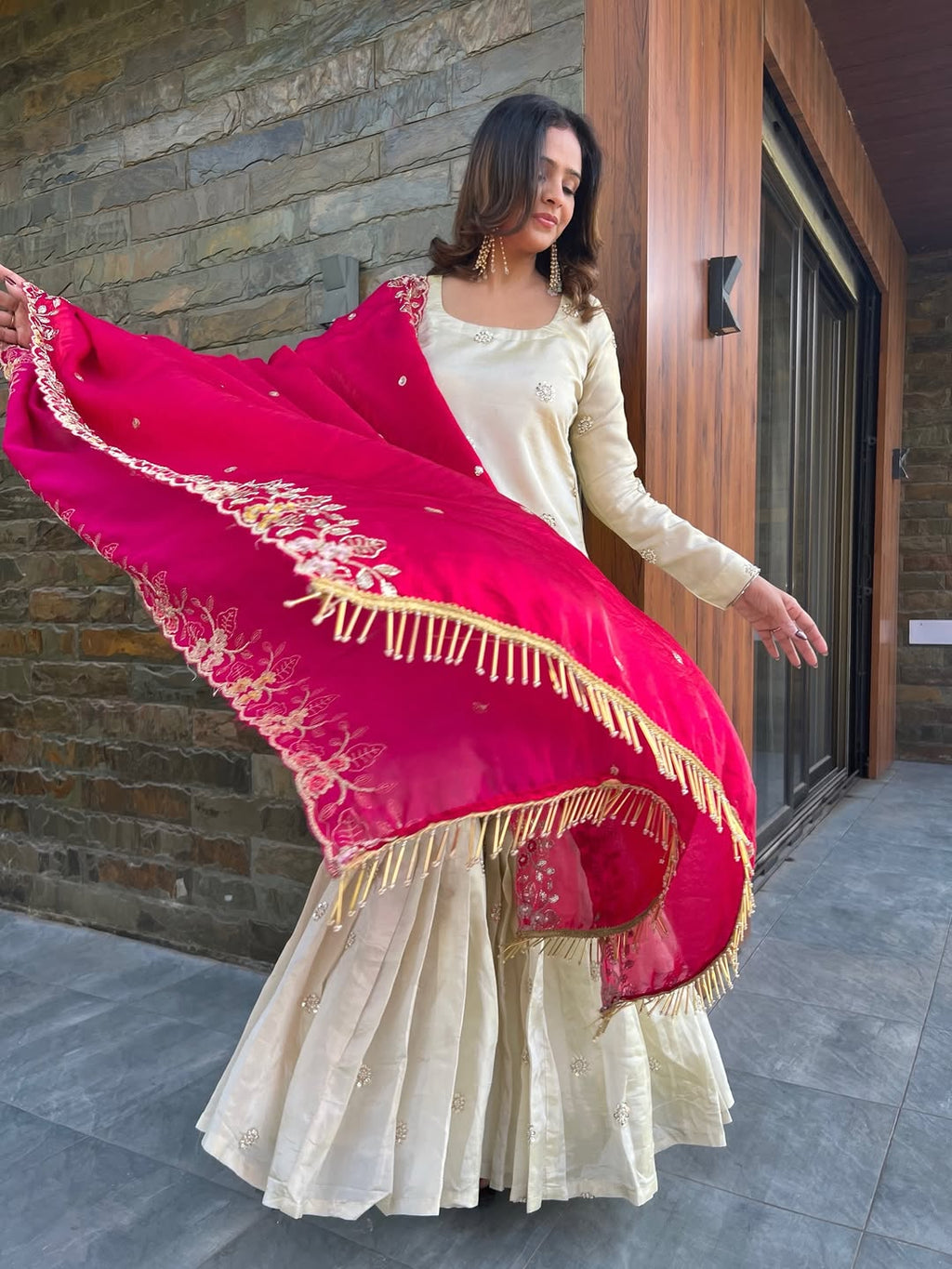 Ivory Sharara Set with Pink Dupatta