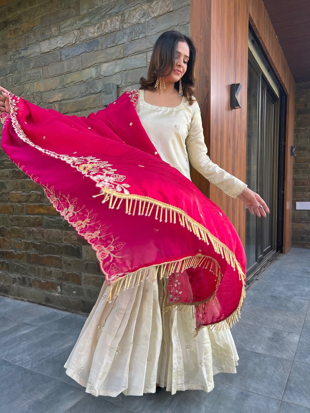 Ivory Sharara Set with Pink Dupatta