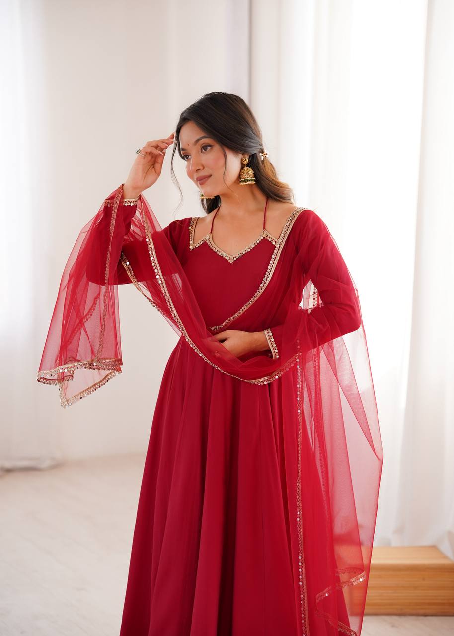 Pure Roman silk Chanderi Anarkali Suit Set