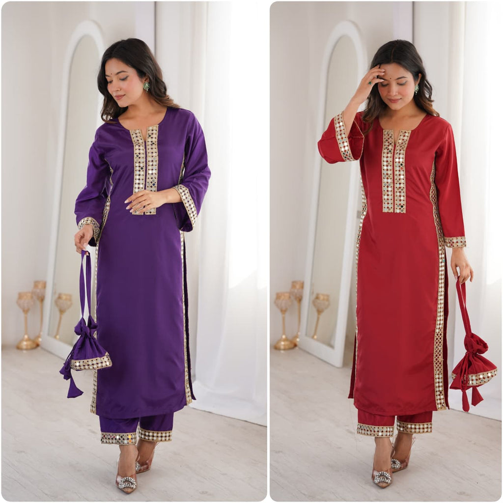 Beautiful Mirror Work Kurta Pant Set With Potli