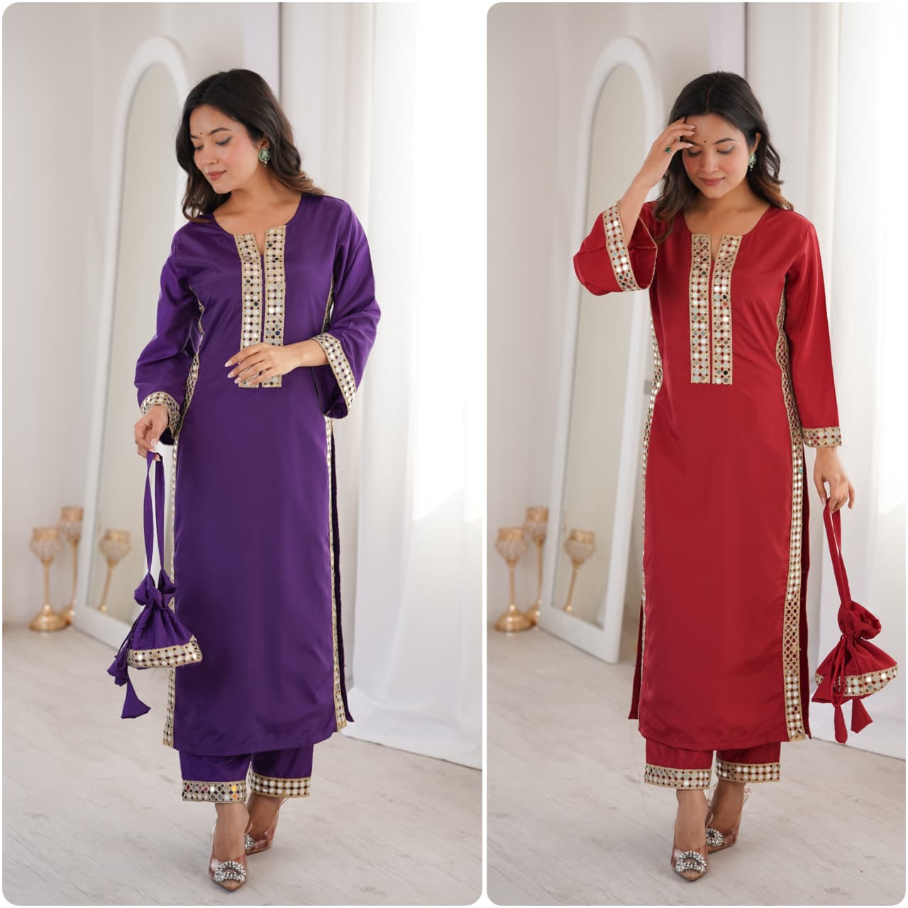 Beautiful Mirror Work Kurta Pant Set With Potli