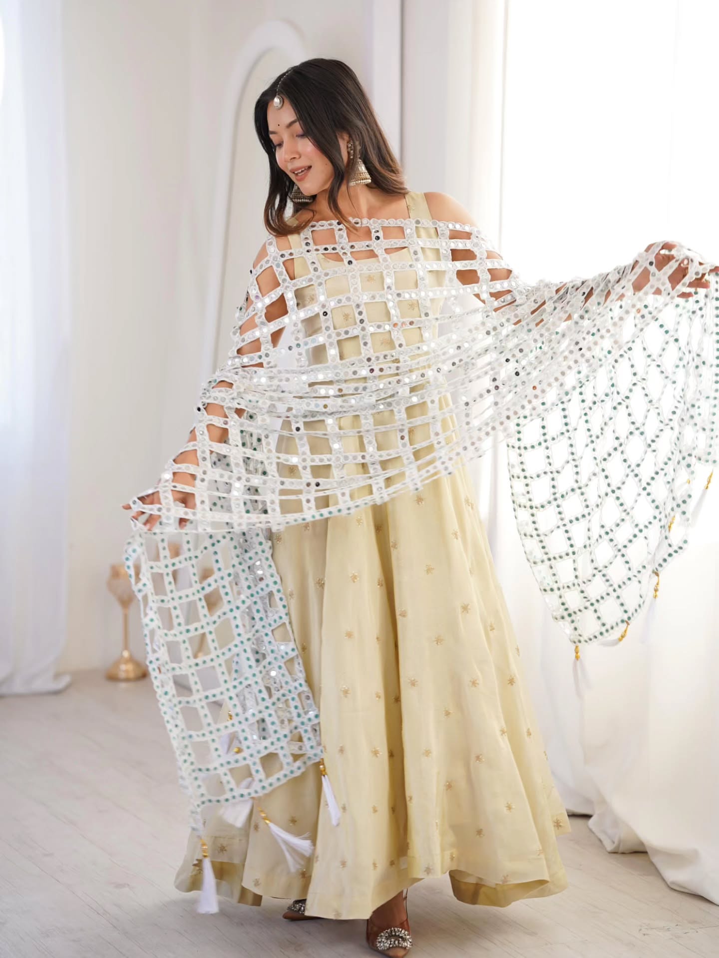 Beautiful Cosmos Silk Anarkali Suit With Trendy Mirror Work Duptta
