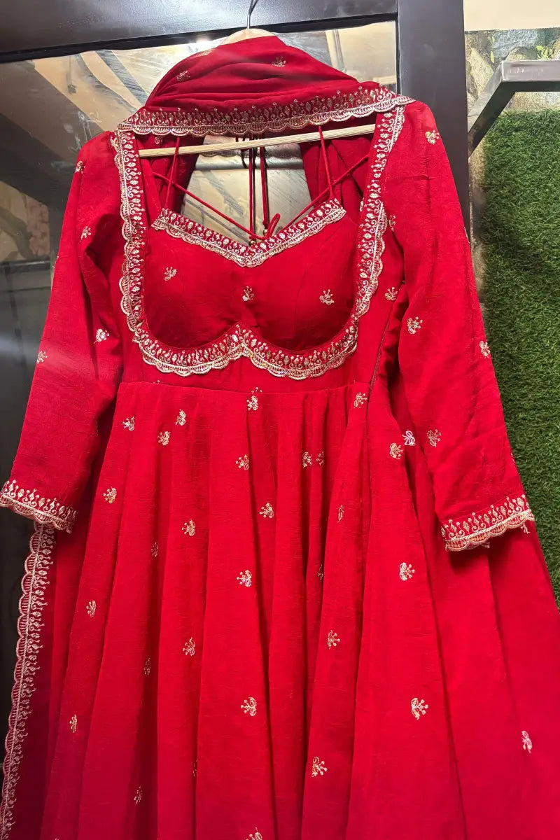 Beautiful Red Embroidered & Lace Work Anarkali Suit Set