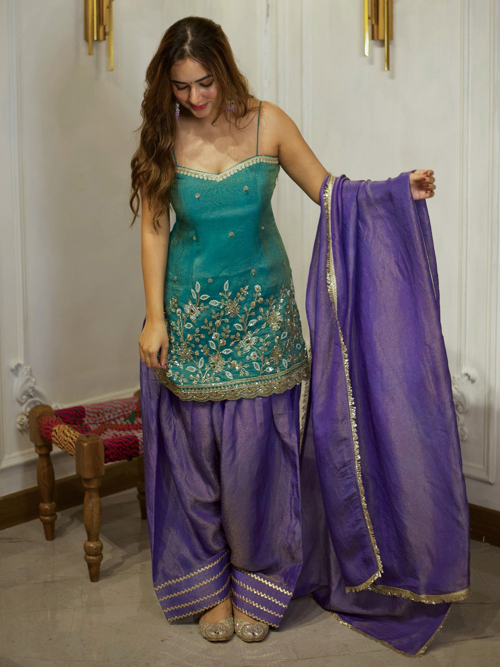 Beautiful Teal Green & Purple Embroidered patiyala suit