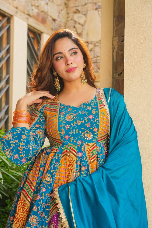 Beautiful Blue Embroidered Anarkali Suit Set