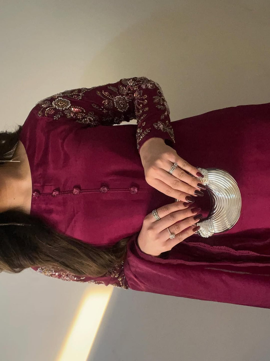 Wine Embroidered A-Line Pakistani Suit Set