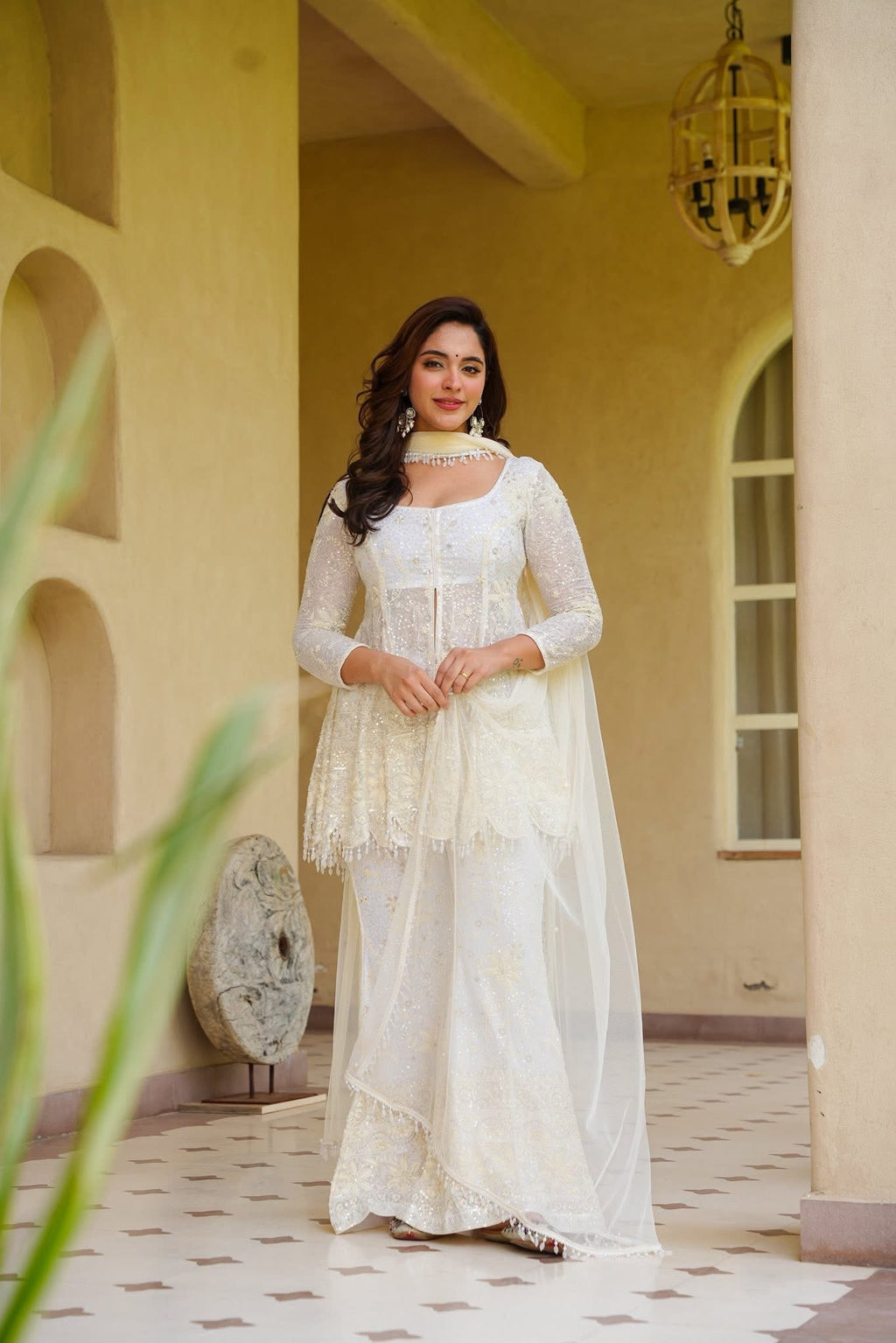White Heavy Embroidered Sharara Set