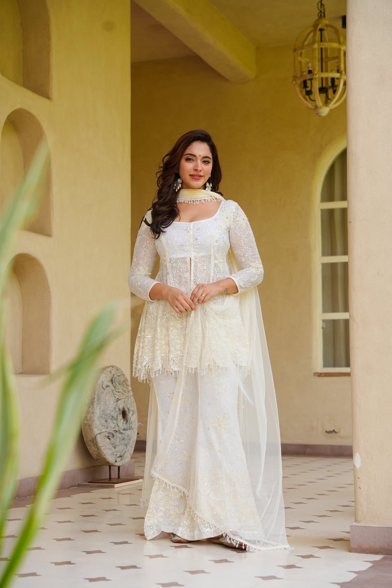 White Heavy Embroidered Sharara Set