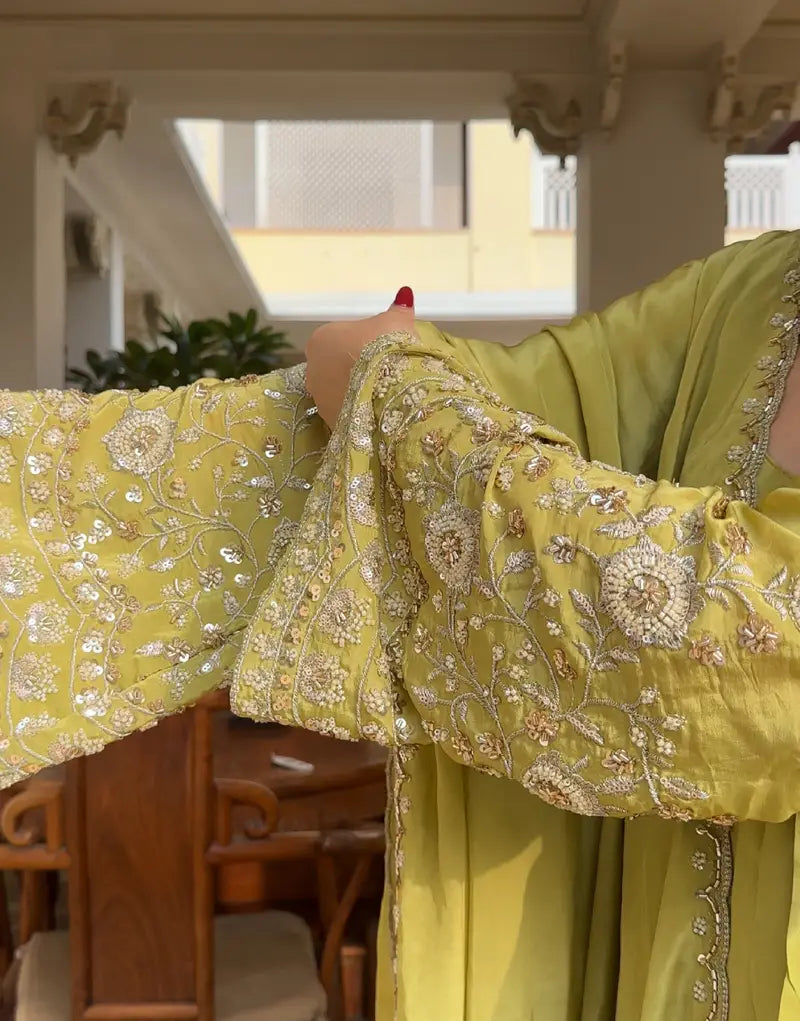 Beautiful Lemon Green Embroidered Anarkali Suit