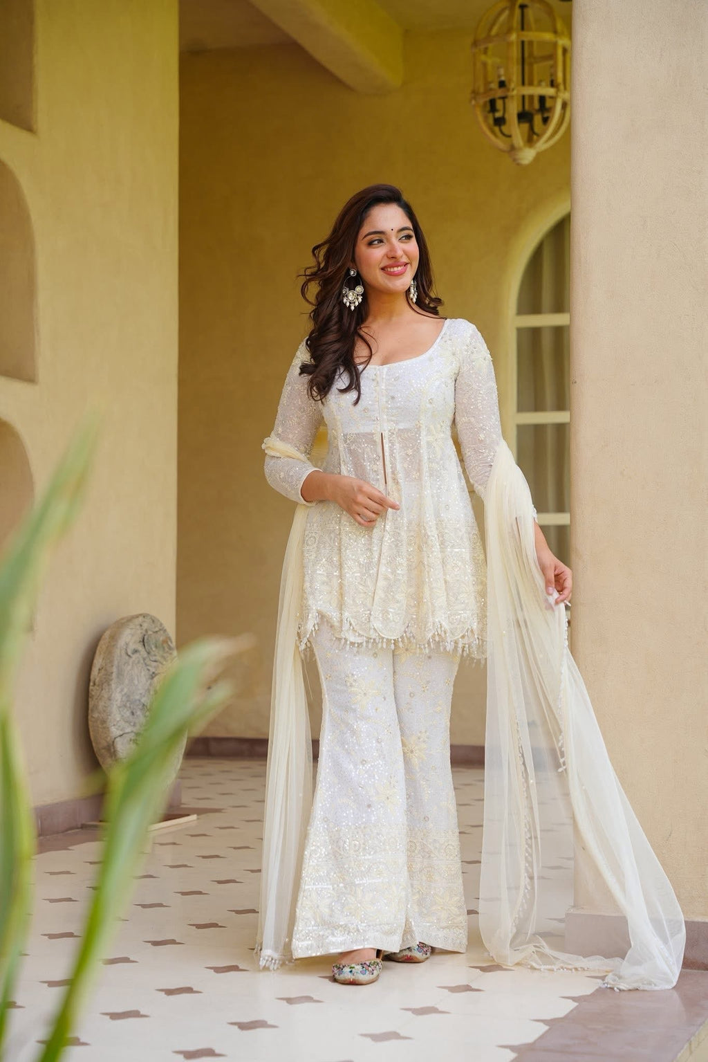 White Heavy Embroidered Sharara Set
