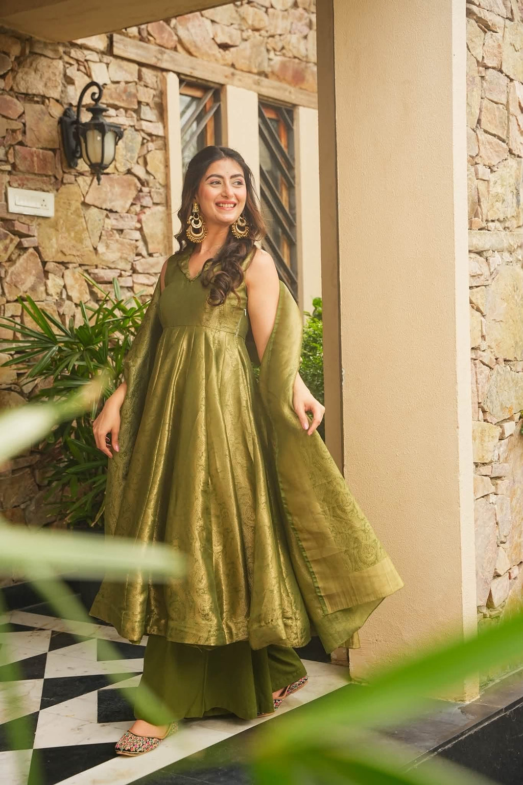 Beautiful Green Banarasi Cosmos Anarkali Suit Set
