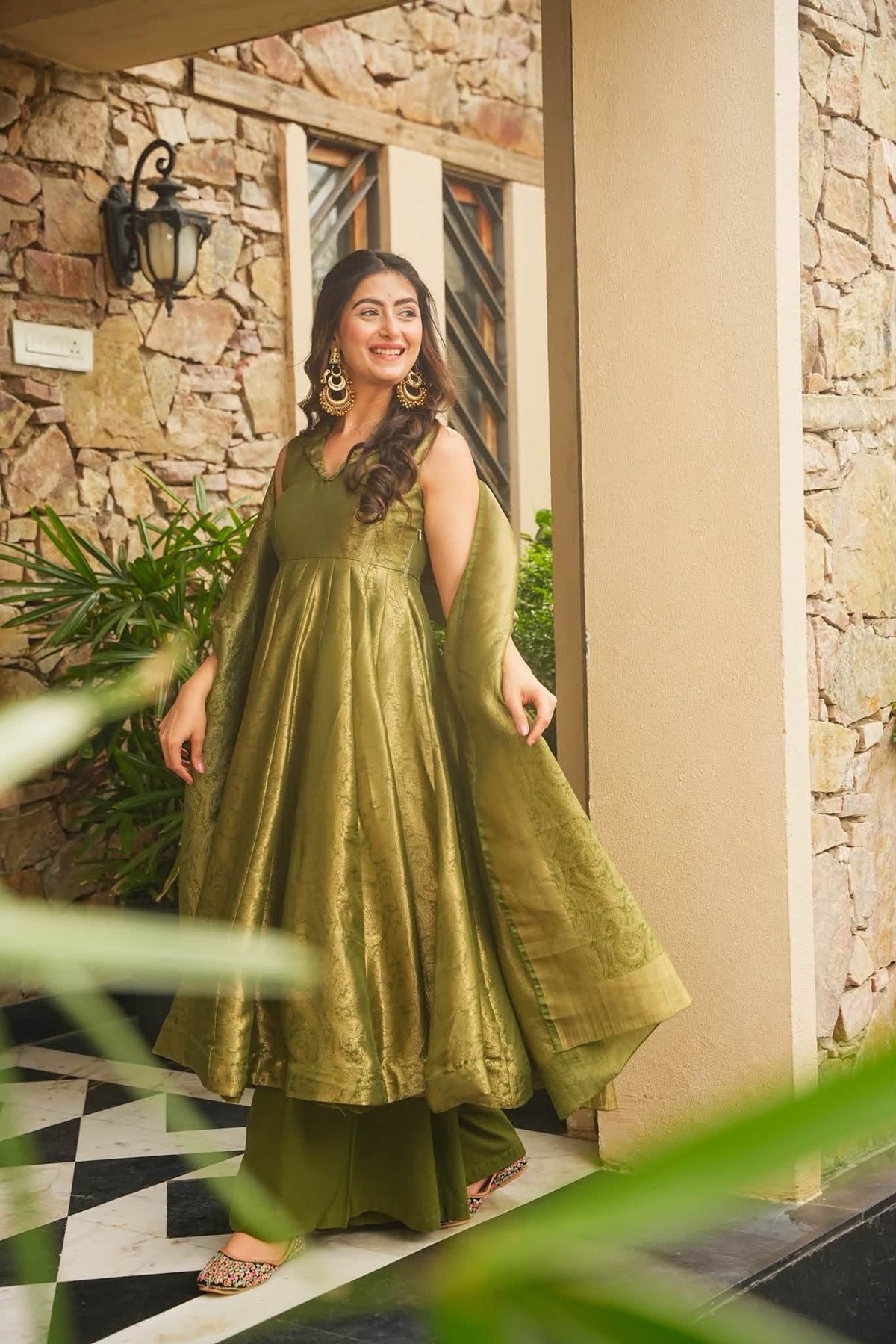 Beautiful Green Banarasi Cosmos Anarkali Suit Set