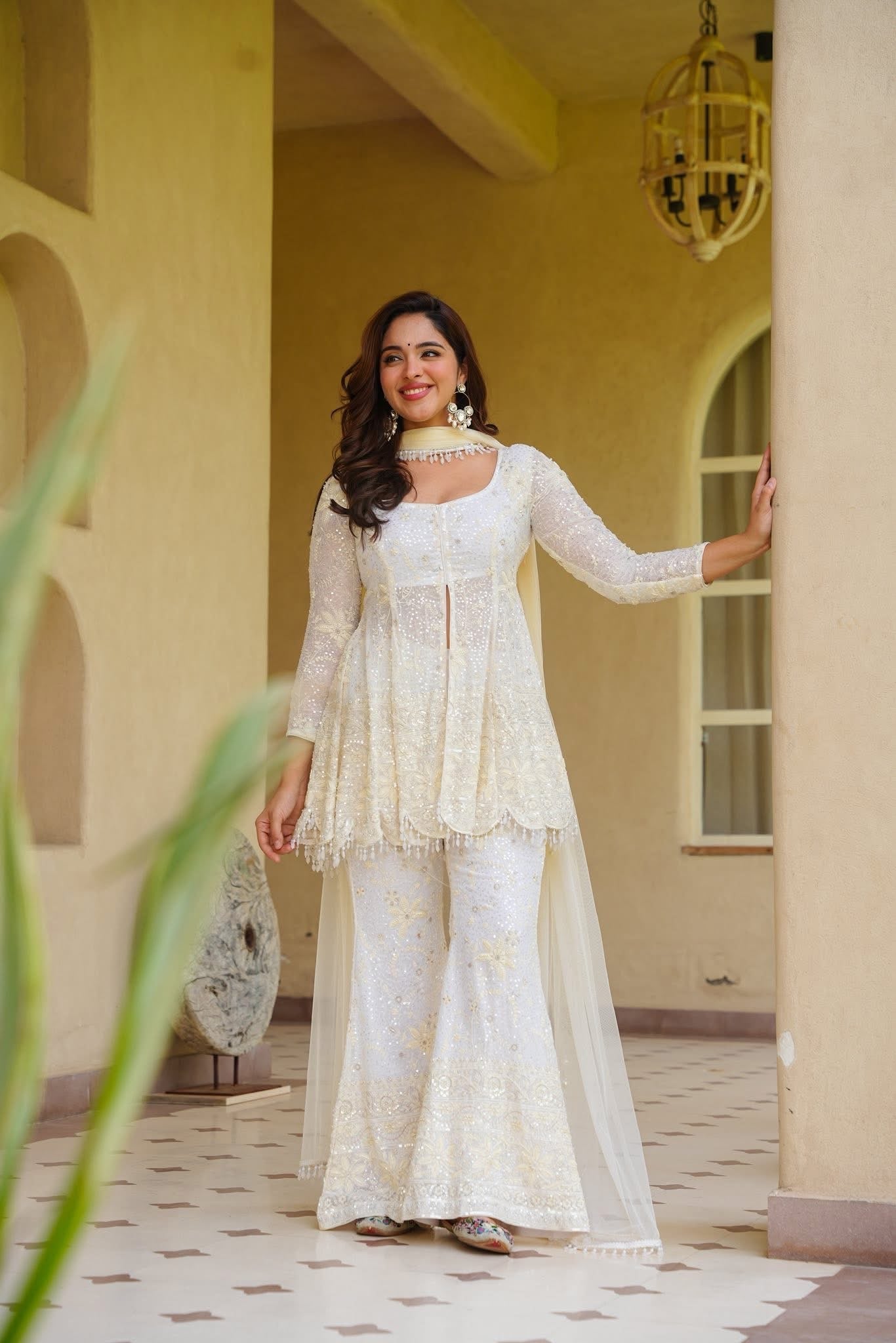 White Heavy Embroidered Sharara Set