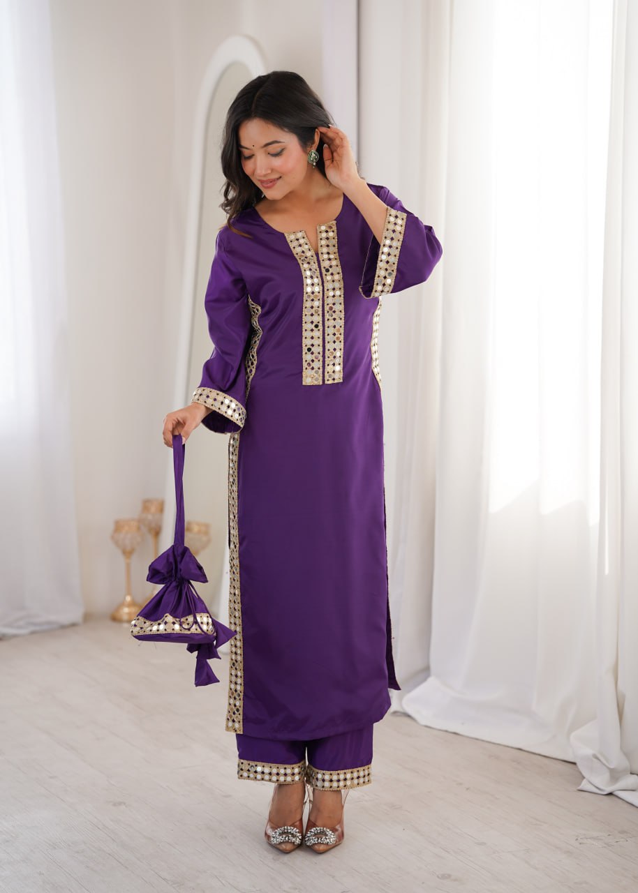 Beautiful Mirror Work Kurta Pant Set With Potli