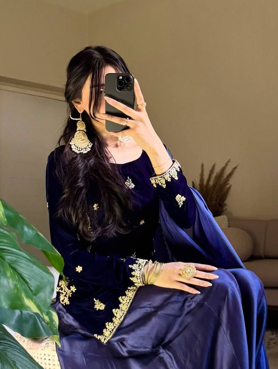 Surmai Velvet  Embroidered Sequence Kurta Sharara Set