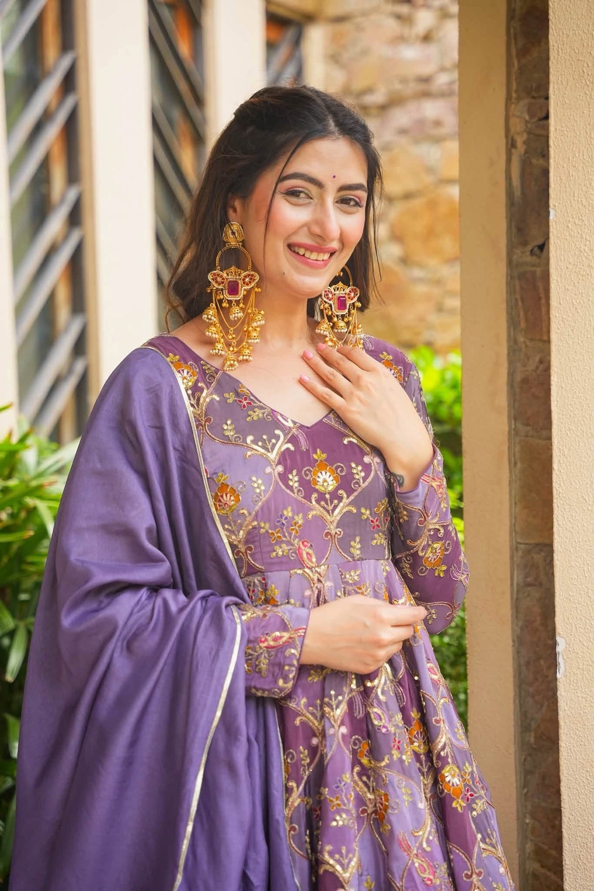 Purple Heavy Embroidered Anarkali Suit Set