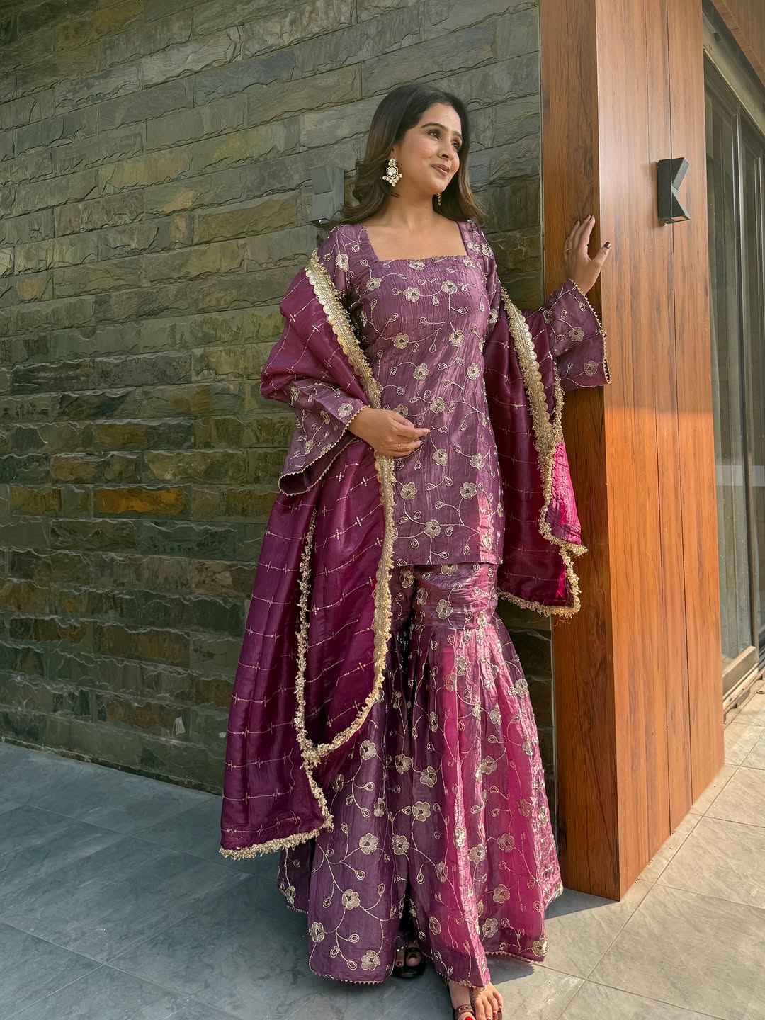 Plum Tissue Silk Embroidered Sharara Suit Set