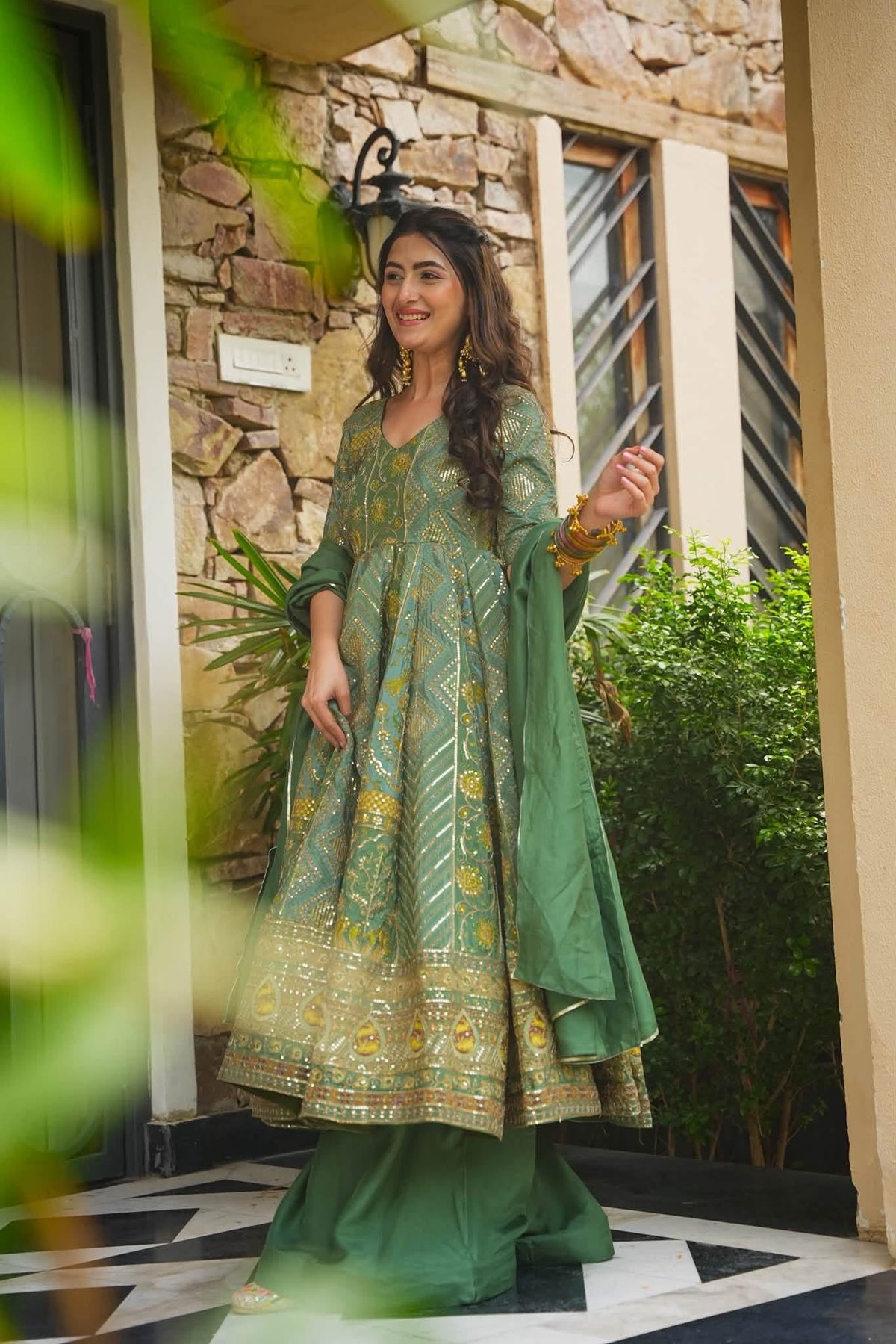 Green Heavy Embroidered Anarkali Suit Set