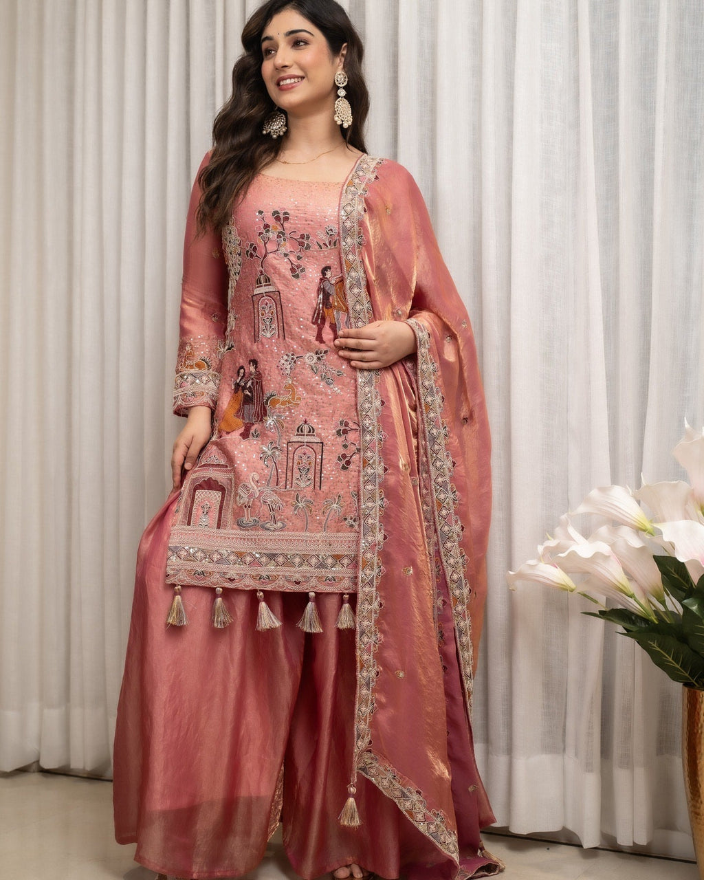Rose Pink Embroidered Sharara Set with Elegant Dupatta