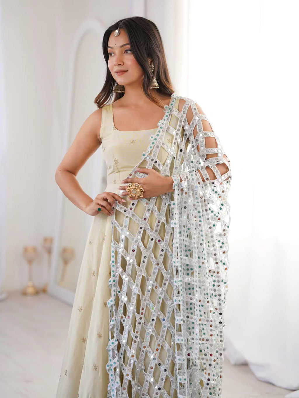 Beautiful Cosmos Silk Anarkali Suit With Trendy Mirror Work Duptta