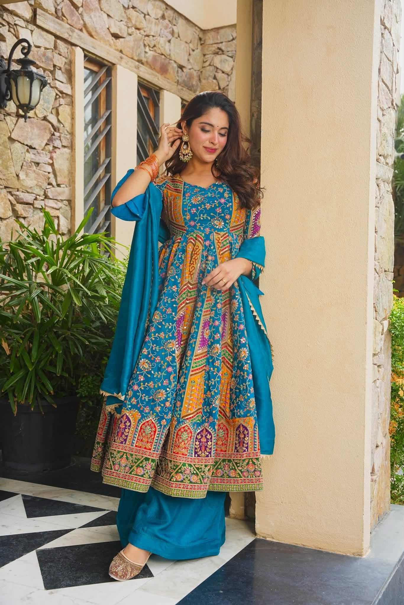 Beautiful Blue Embroidered Anarkali Suit Set