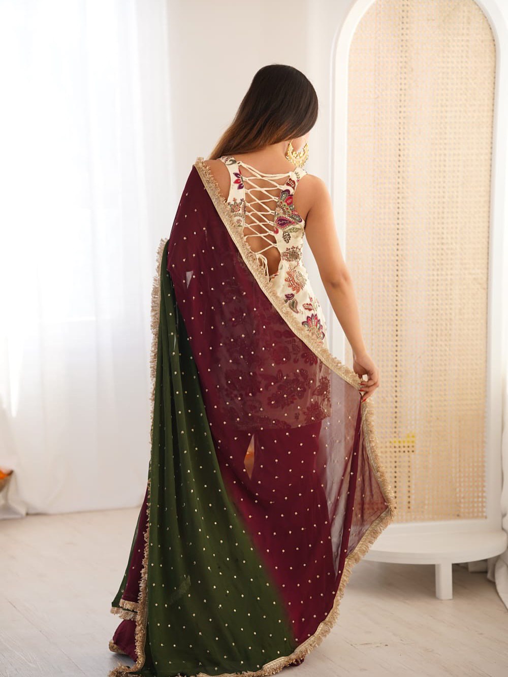 Floral Printed Sharara Set with Maroon Gharara & Net Dupatta