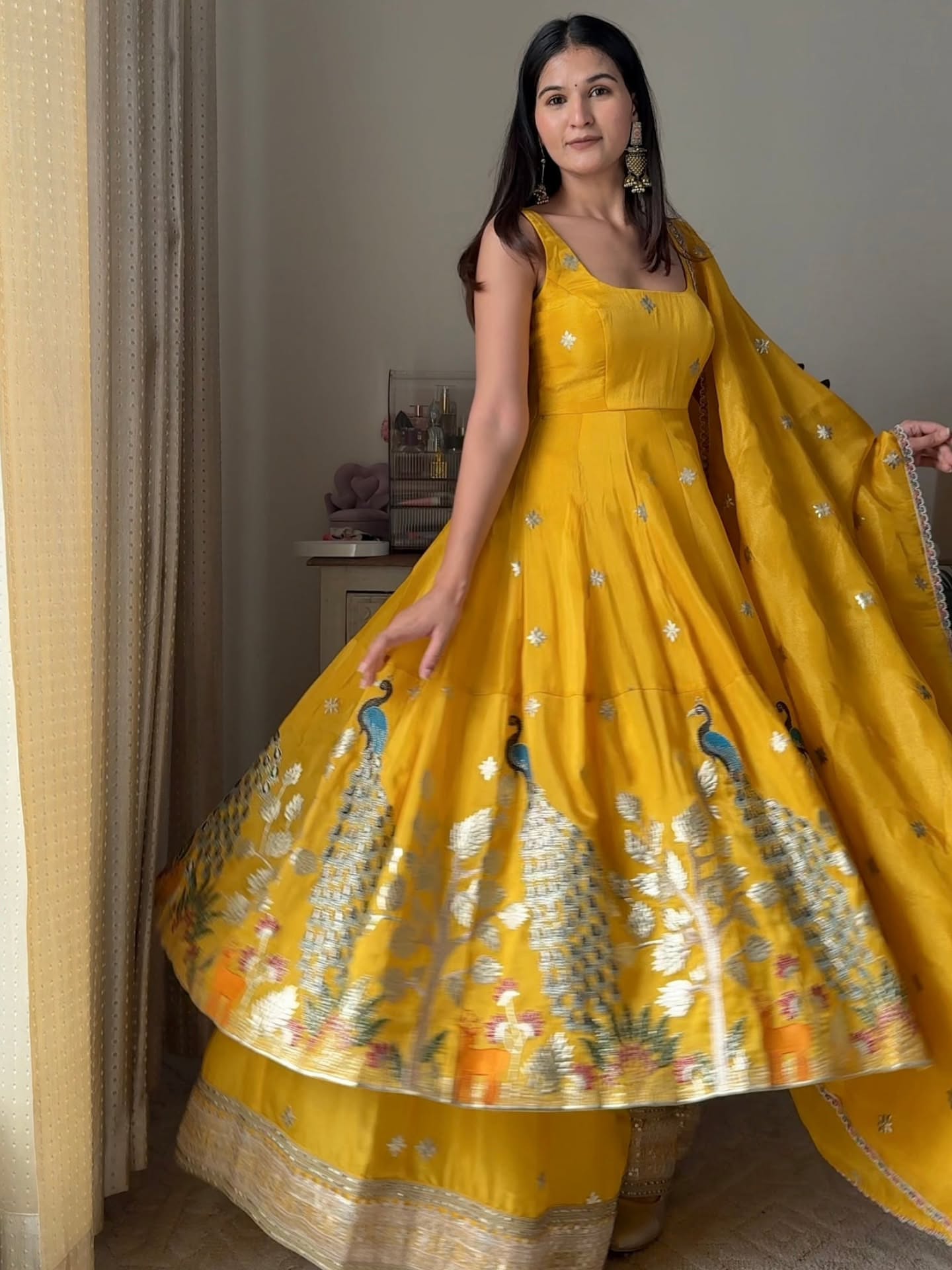 Sunheri Peacock Embroidered Anarkali Set with Dupatta – Mustard Yellow