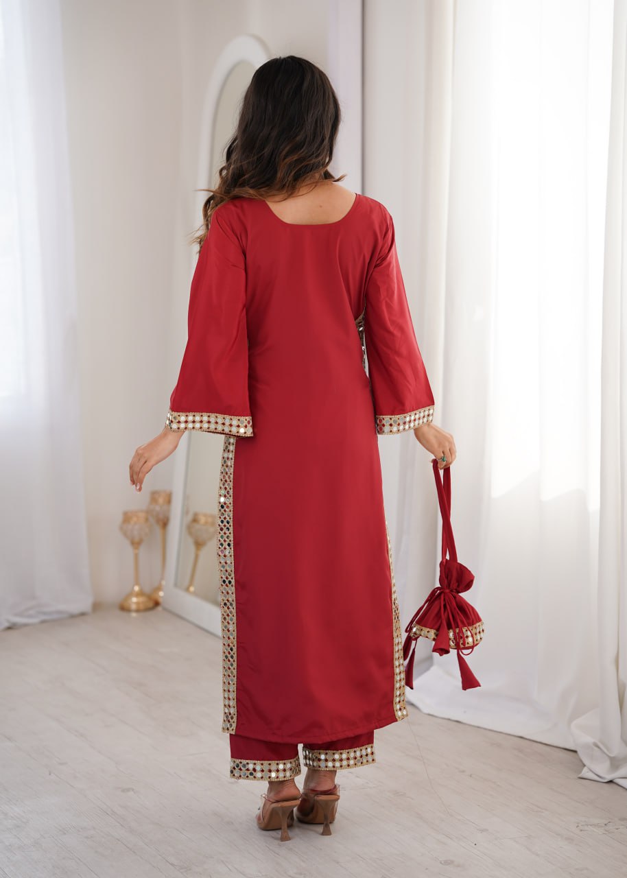 Beautiful Mirror Work Kurta Pant Set With Potli