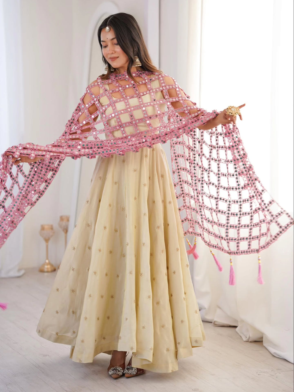 Beautiful Cosmos Silk Anarkali Suit With Trendy Mirror Work Duptta