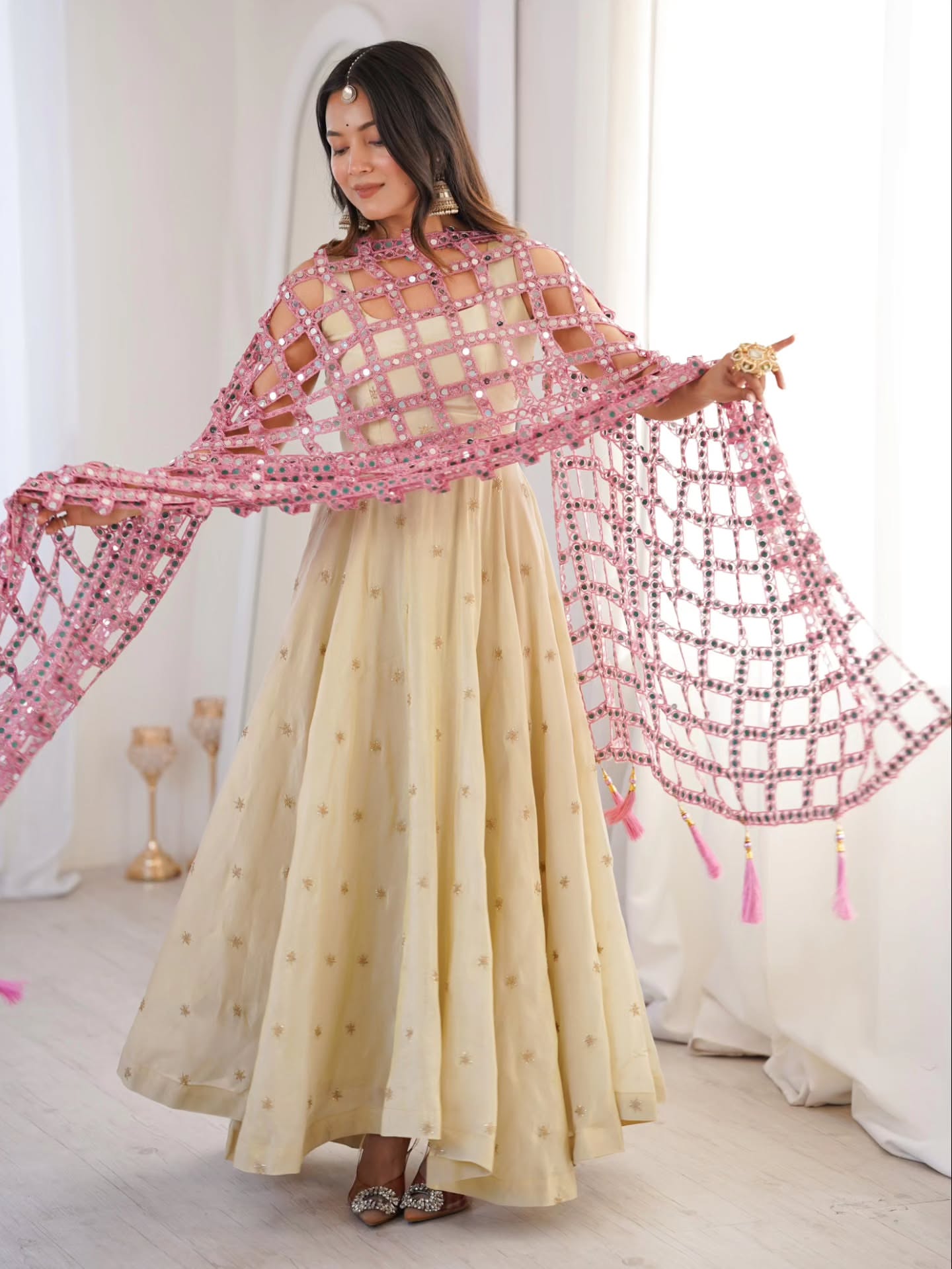 Beautiful Cosmos Silk Anarkali Suit With Trendy Mirror Work Duptta