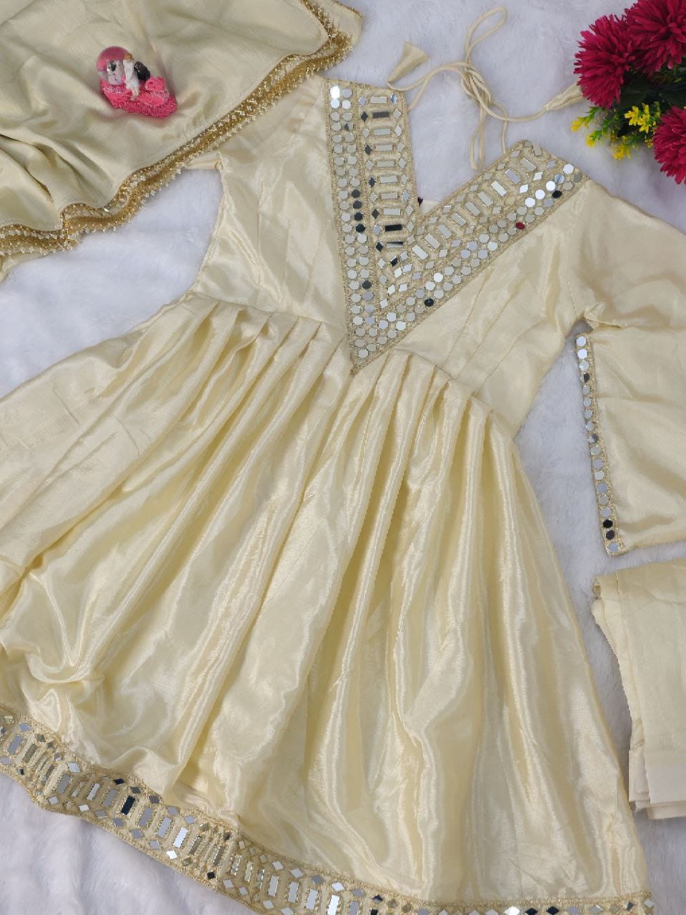 Elegant Cream Sharara Suit with Mirror Detailing